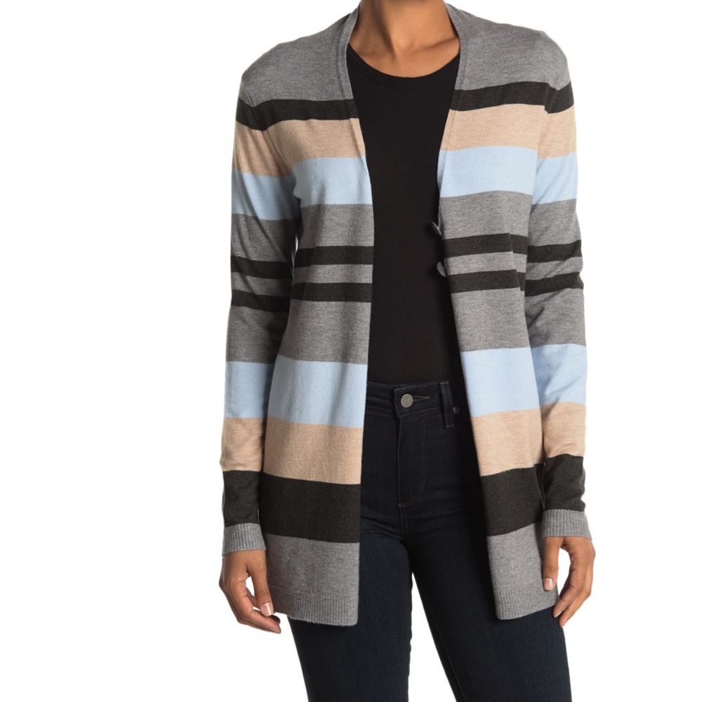 Cyrus Blue Brown Gray Stripe 2 Button Cardigan
